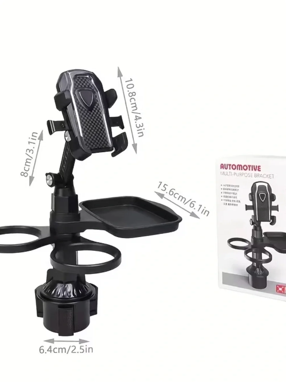 Black Car Cup Holder Phone Mount with Small Tray